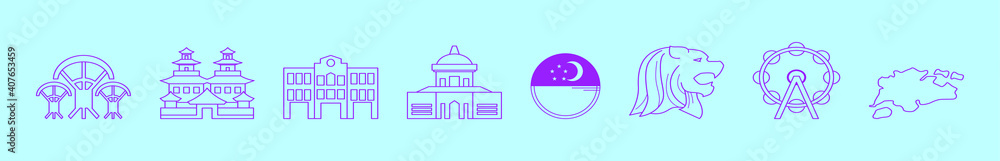 set of singapore symbol cartoon icon design template with various models. vector illustration isolated on blue background