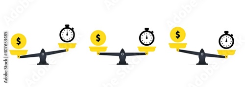 Concept save time, Money saving. Time is money on scales icon. Money and time balance on scale. Financial investments, revenue increase, budget management, savings account.