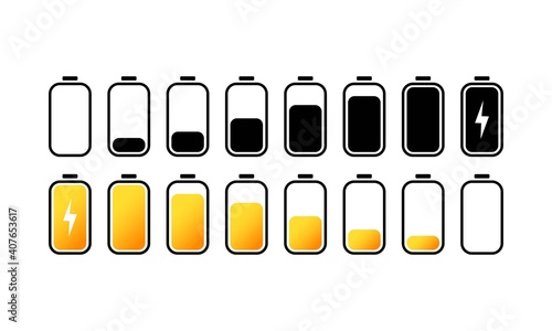 Set battery with different level of charge. Car battery indicator, battery charge signs. Battery charge level indicator. Wireless charging energy sign. Vector