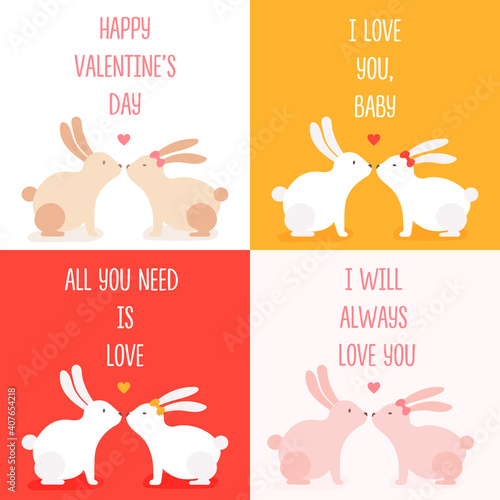 Valentines day. 14 February. Illustration couple of cute minimalistic bunnies in love.