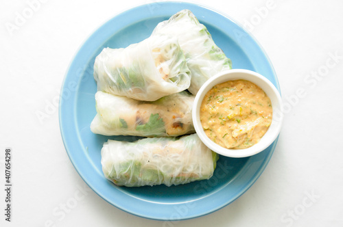 rice paper wrapped chicken and a thai peanut sauce photo