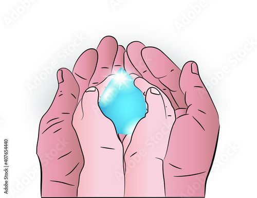 Hands of adults and children holding a drop of water.  Clean water and sanitation concept, hand sanitizer and COVID-19 hygiene, family hand washing, corporate social responsibility, water saving.