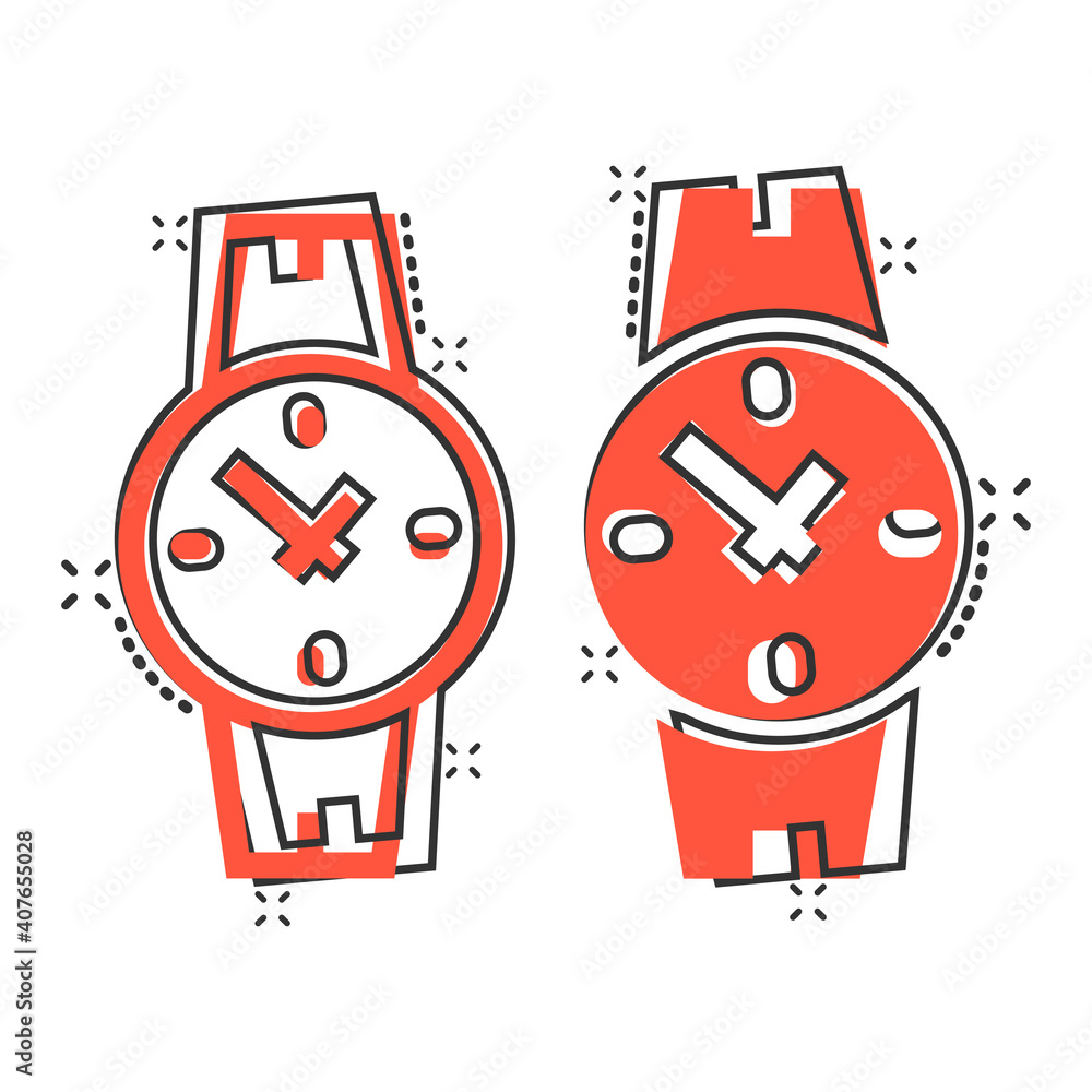 Wrist watch icon in comic style. Hand clock cartoon vector illustration on white isolated background. Time bracelet splash effect business concept. Wrist watch icon in comic style. Hand clock cartoon vector illustration on white isolated background. Time bracelet splash effect business concept.