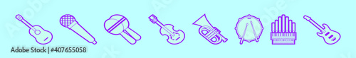 set of music instrument cartoon icon design template with various models. vector illustration isolated on blue background