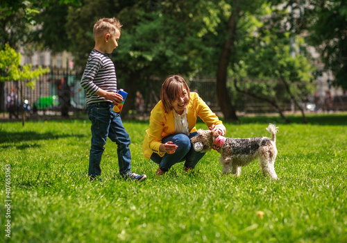 Family having fun in city summer park mother with son playing on grass with little puppy dog © okostia