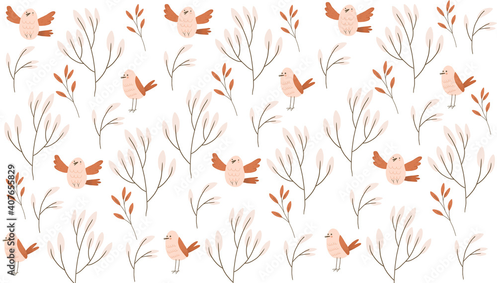 spring pink leaves and birdy pattern spring pink leaves and birdy pattern