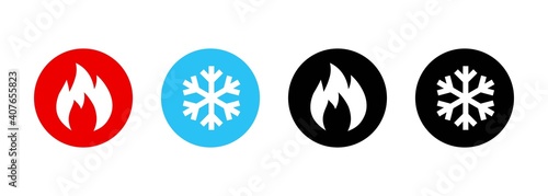 Set of heating and cooling icons. Hot and cold icon. Fire and snowflake sign. Heating and cooling button. Vector EPS 10. Isolated on white background