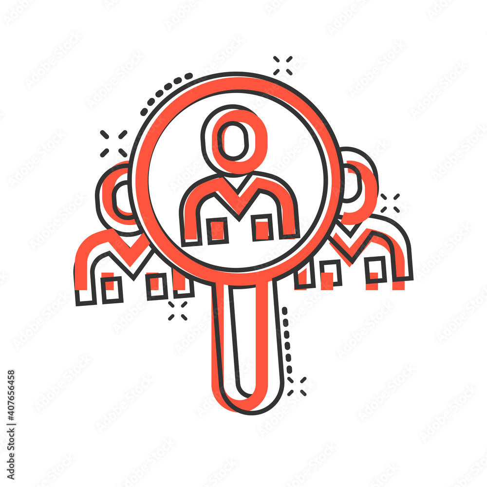 Search job vacancy icon in comic style. Loupe career cartoon vector illustration on white isolated background. Find people employer splash effect business concept. Search job vacancy icon in comic style. Loupe career cartoon vector illustration on white isolated background. Find people employer splash effect business concept.