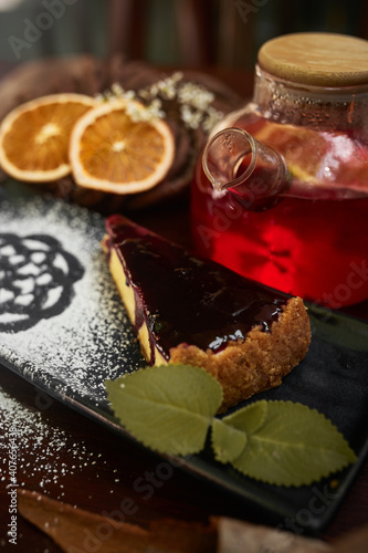 pot of tea wit cake and coffee