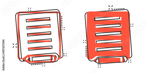 Blogging icon in comic style. Document with pen cartoon vector illustration on white isolated background. Content splash effect business concept.