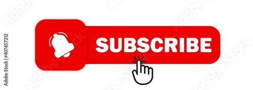 Subscribe with cursor. Bell button and hand cursor. Subscribeicon. Red button subscribe to channel, blog. Social media background. Marketing. Vector illustration. EPS 10