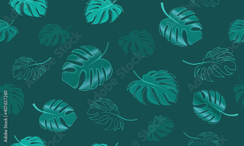Vector Seamless Tropical Neon, Fluorescent Monstera Leaves Pattern. Hand drawn jungle contours of leaves in green colors, useful for packaging, wrapping paper, surface design, fabric, greeting cards.