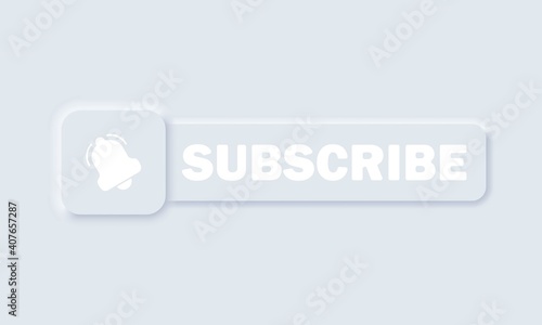 Subscribe button with arrow cursor and shadow. Bell button and hand cursor. Button subscribe to channel, blog. Social media background. Marketing. Neumorphic UI UX white user interface web buttons.