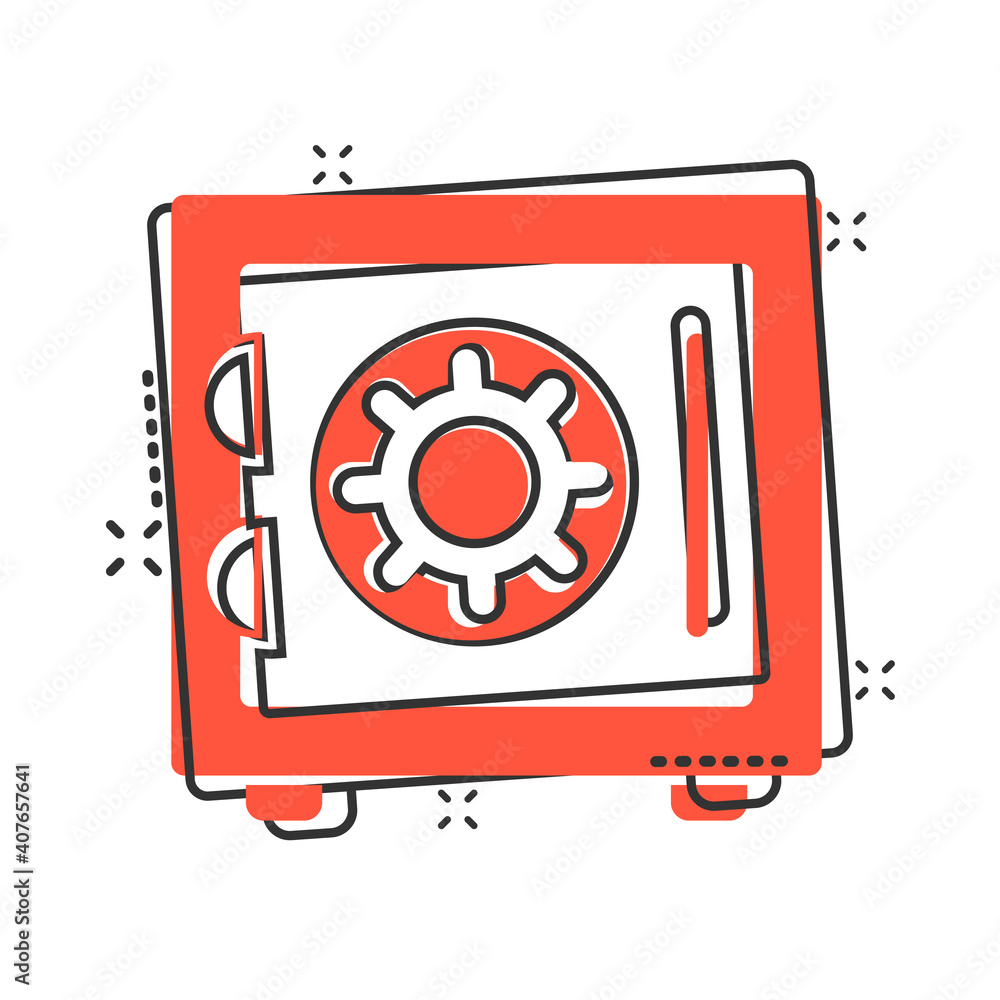 Safe money icon in comic style. Strongbox cartoon vector illustration on white isolated background. Finance security splash effect business concept. Safe money icon in comic style. Strongbox cartoon vector illustration on white isolated background. Finance security splash effect business concept.