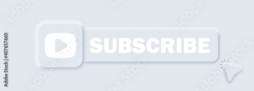 Subscribe button with arrow cursor and shadow. Bell button and hand cursor. Button subscribe to channel, blog. Social media background. Marketing. Neumorphic UI UX white user interface web buttons.