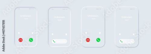 Phone call screen template. Incoming call. iPhone Call Screen Set. Interface. Slide To Answer. Accept Button. Decline Button. Neumorphic UI UX white user interface. Neumorphism.