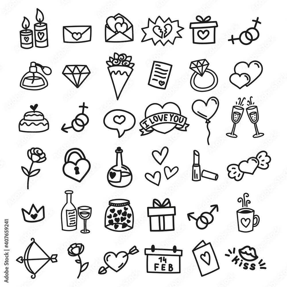 Fototapeta premium Hand Drawn Love and Valentine Icons Set - Sketched Illustrations Collection in Black and White