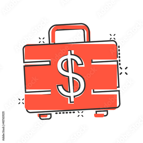Money briefcase icon in comic style. Cash box cartoon vector illustration on white isolated background. Finance splash effect business concept.