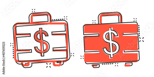 Money briefcase icon in comic style. Cash box cartoon vector illustration on white isolated background. Finance splash effect business concept.