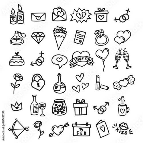 Hand Drawn Love and Valentine Icons Set - Sketched Illustrations Collection in Black and White