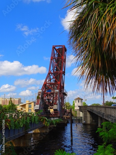 North America, United States, Florida, Hillsborough County, Tampa, bascule railway bridge over the Hillsborough River