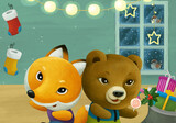 cartoon scene with animal bear and fox