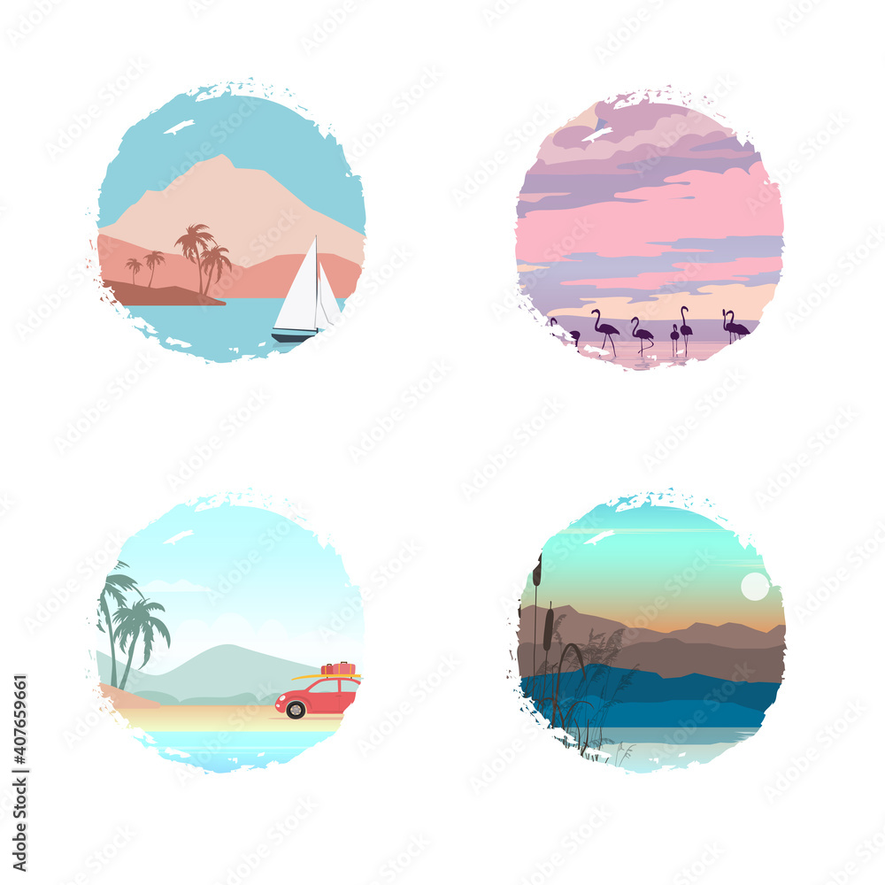 Set of round abstract icons with a natural landscape.Vector illustration of a flat design.