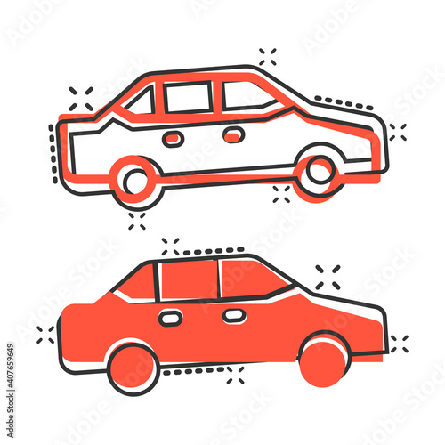 Car icon in comic style. Automobile vehicle cartoon vector illustration on white isolated background. Sedan splash effect business concept.
