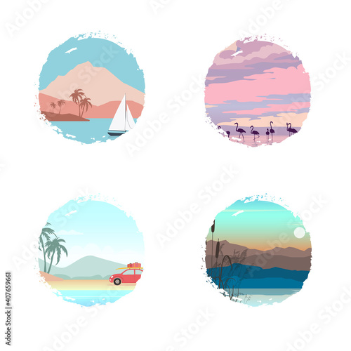 Set of round abstract icons with a natural landscape.Vector illustration of a flat design. © Irina