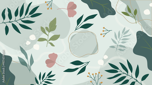 Floral Abstract Shapes Background. Minimal and natural Hand Drown Shapes and Doodles. Trees, leaves, botanic elements. Vector illustration