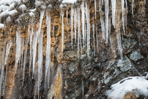 ice icicles on the rocks of the Black Sea coast.