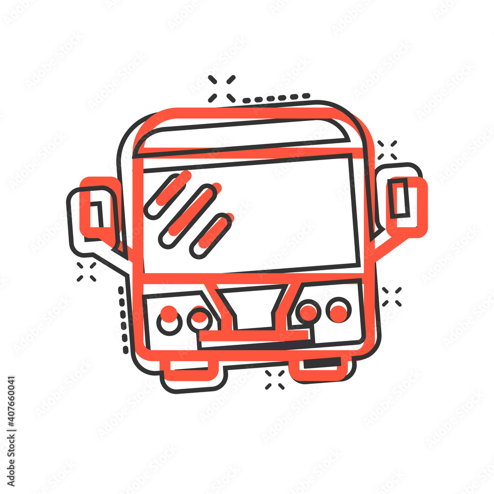 Bus icon in comic style. Coach cartoon vector illustration on white isolated background. Autobus vehicle splash effect business concept. Bus icon in comic style. Coach cartoon vector illustration on white isolated background. Autobus vehicle splash effect business concept.