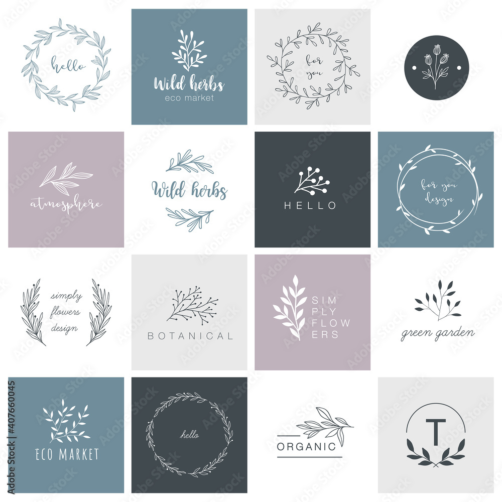 Hand drawn logo collection. Logo design with doodle flowers. Hand drawn logo collection. Logo design with doodle flowers.