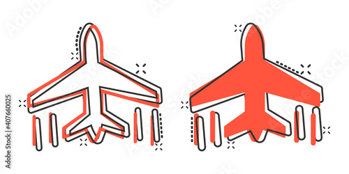 Plane icon in comic style. Airplane cartoon vector illustration on white isolated background. Flight airliner splash effect business concept.