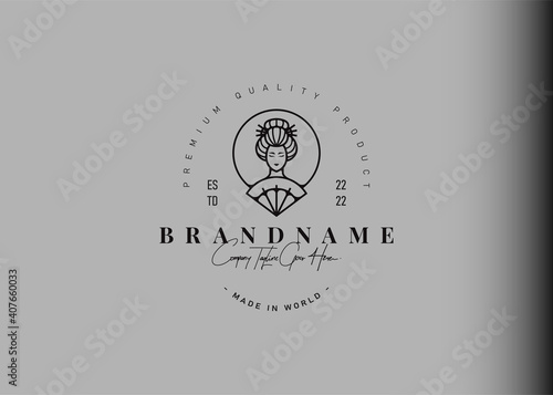 Geisha logo design inspiration. Vector illustration of traditional japanese woman and a hand fan. Modern vintage icon design template with line art style.