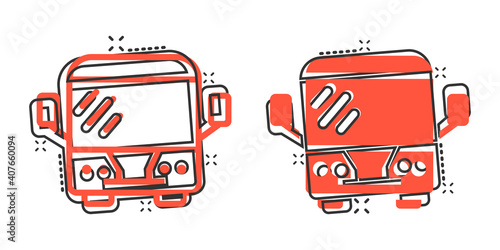 Bus icon in comic style. Coach cartoon vector illustration on white isolated background. Autobus vehicle splash effect business concept.