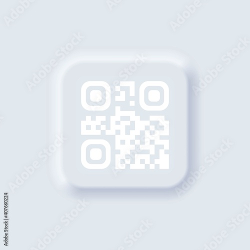 Qr code scan badge icon. Technology for instant payment or tech pay method without money. Neumorphic UI UX white user interface. Neumorphism.