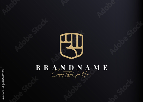 Hand clenched shield logo design inspiration. Symbol illustration of strong defense. Modern vintage icon design template with line art style.
