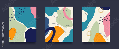 Abstract Shapes Background Set. Set of three Hand drown Seamless Contemporary Patterns. . Vector illustration