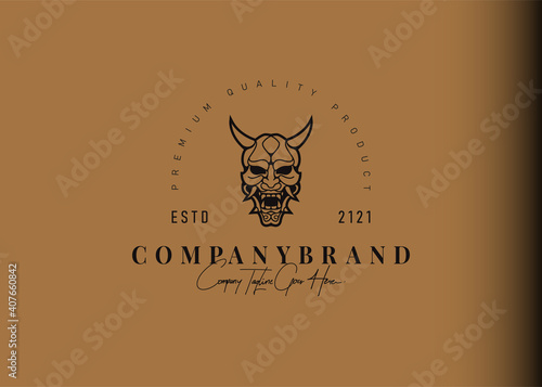 Oni mask logo design inspiration only. Vector illustration of traditional japanese devil face head. Modern vintage icon design template with line art style. photo