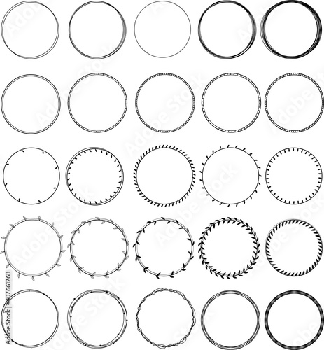 25 round circle banners frames floral decoration minimalist design line art. Cute vector icons abstract stipple and stripes lines symbol.