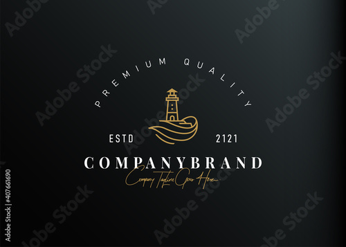 Lighthouse logo design inspiration. Vector illustration of lighthouse above the waves. Modern vintage icon design template with line art style.