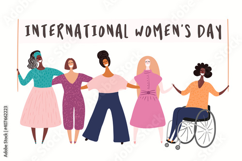 Diverse women group, woman in a wheelchair on a protest, holding banner with copy space. Hand drawn vector illustration, isolated on white. Flat style design. Concept for feminism. Female characters.