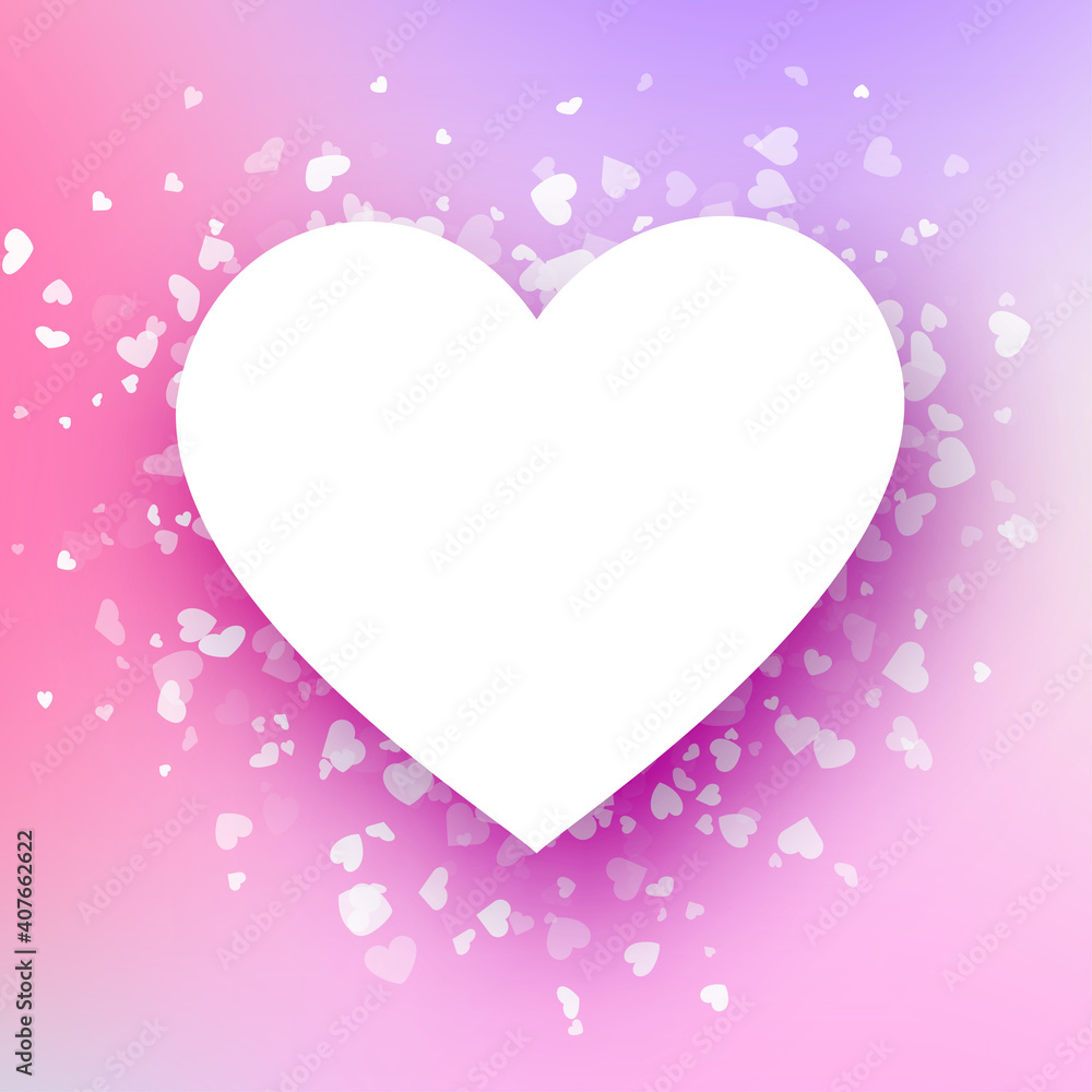 Love background with white paper heart and light confetti.