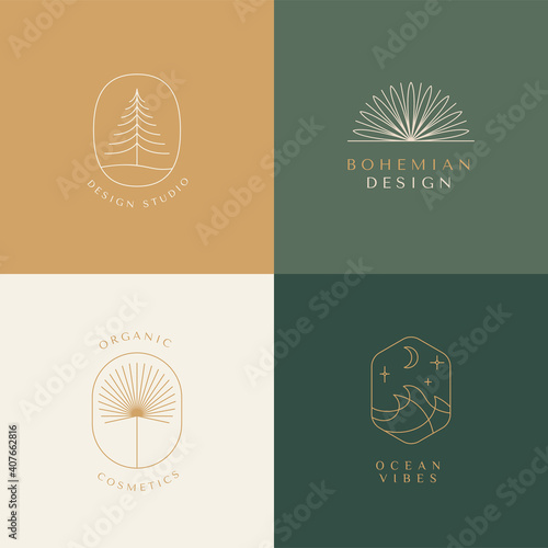 Vector set of linear boho icons and symbols - sun logo design templates - abstract design elements