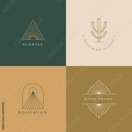 Vector set of linear boho icons and symbols - sun logo design templates - abstract design elements