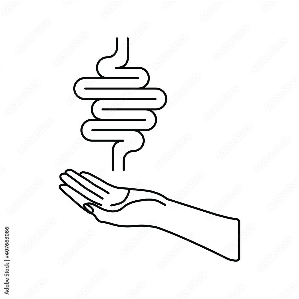 Human intestine on hand icon. Treatment, disease prevention symbol on white background. color editable Human intestine on hand icon. Treatment, disease prevention symbol on white background. color editable