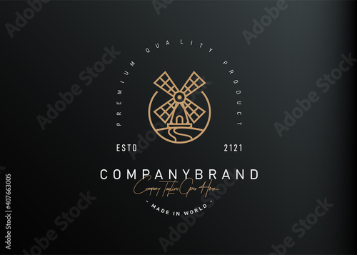 Windmill building logo design inspiration. Vector illustration of a windmill building in a field. Modern vintage icon design template with line art style.