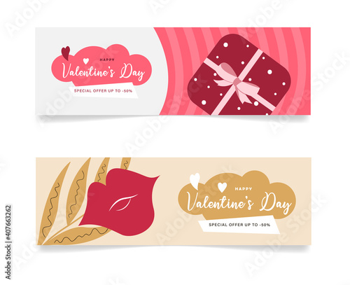 Set of Valentine s Day banner template. Vector illustration with gift, kiss and leaf. Special offer.