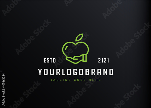 Charity food logo design inspiration. Vector illustration of an apple and a heart on a palm. Modern vintage icon design template with line art style.